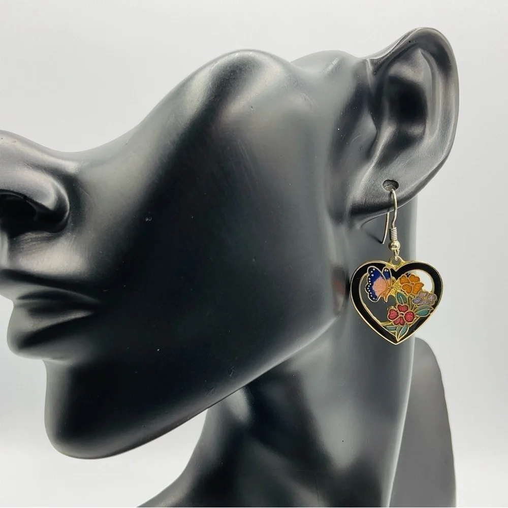 VTG Earrings Cloisonne Flower Butterfly Gold Tone 80s Jewelry Heart Gift Black - Picture 2 of 8